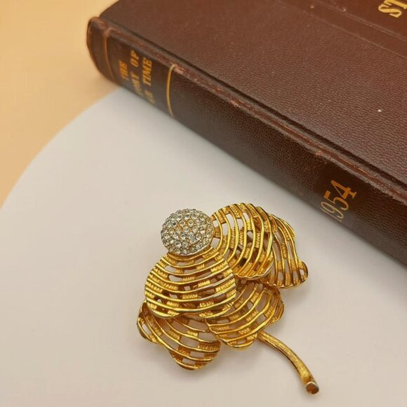 Coro Jewelry - Vintage Signed Corocraft Gold Tone Flower Brooch with Rhinestones